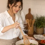 کفگیر چوبی شیاردار قوس‌دار